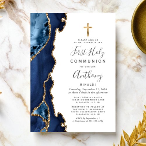 Agate Geode Blue Gold Glitter First Holy Communion Invitation