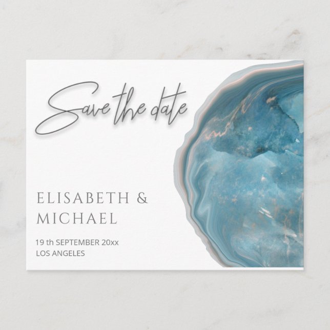 Agate geode blue rose gold calligraphy announcement postcard (Front)