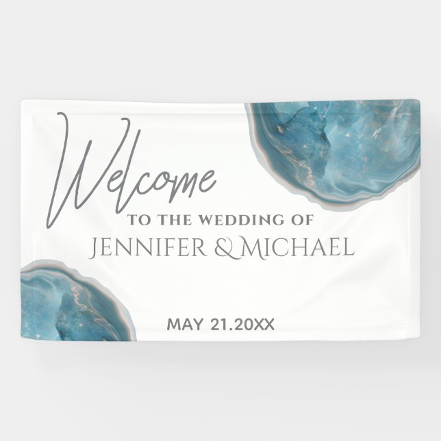 Agate geode blue rose gold calligraphy wedding banner (Horizontal)