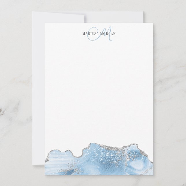 Agate Geode Blue Silver Monogram Note Card (Front)