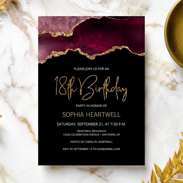 Agate Geode Burgundy Gold 18th Birthday Party Invitation (Creator Uploaded)