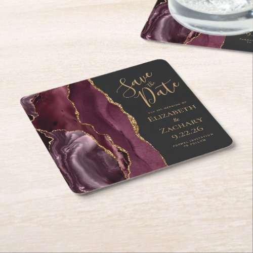 Agate Geode Burgundy Gold Dark Save the Date Square Paper Coaster