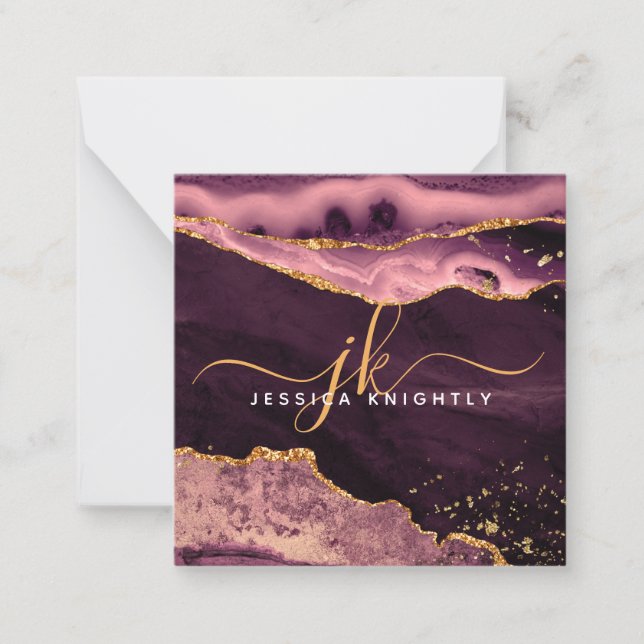 Agate Geode Burgundy Gold Glitter Script Monogram Note Card (Front)