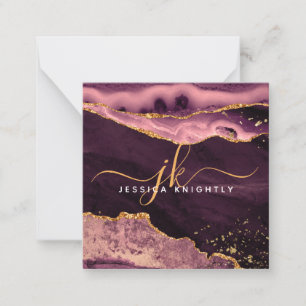 Agate Geode Burgundy Gold Glitter Script Monogram Note Card