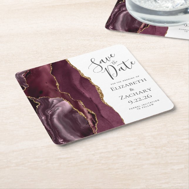 Agate Geode Burgundy Gold Save the Date Square Paper Coaster (Angled)