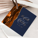 Agate Geode Burnt Orange Gold Navy Blue Wedding Favor Tags<br><div class="desc">This elegant modern wedding favor tag features a burnt orange watercolor design trimmed with faux gold glitter. Easily customize the gold-colored text on a navy blue background, with the names of the bride and groom in handwriting calligraphy over a large ampersand. Add a personal message in gold-colored script lettering on...</div>