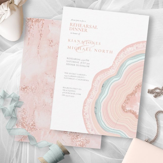Agate Geode Glitter Rehearsal Rose Gold ID647 Invitation (Front/Back In Situ)