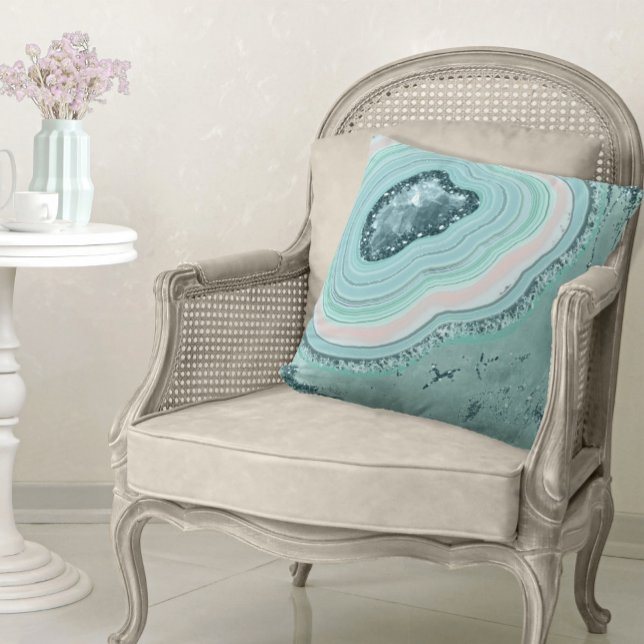 Agate Geode Glitter Teal ID647 Throw Pillow (Creator Uploaded)