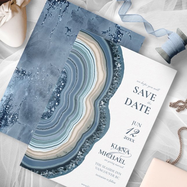 Agate Geode Glitter Wedding Dusty Blue ID647 Save The Date (Creator Uploaded)