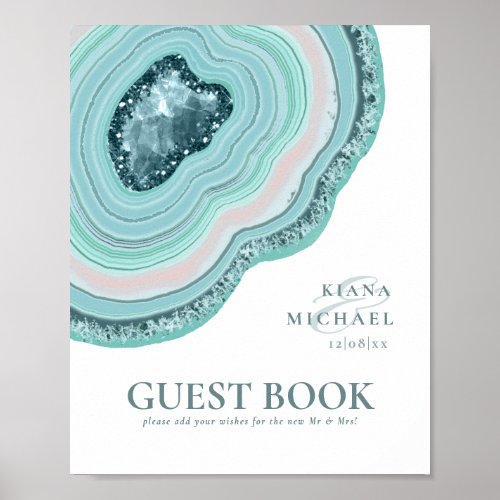 Agate Geode Glitter Wedding Guest Book Teal ID647