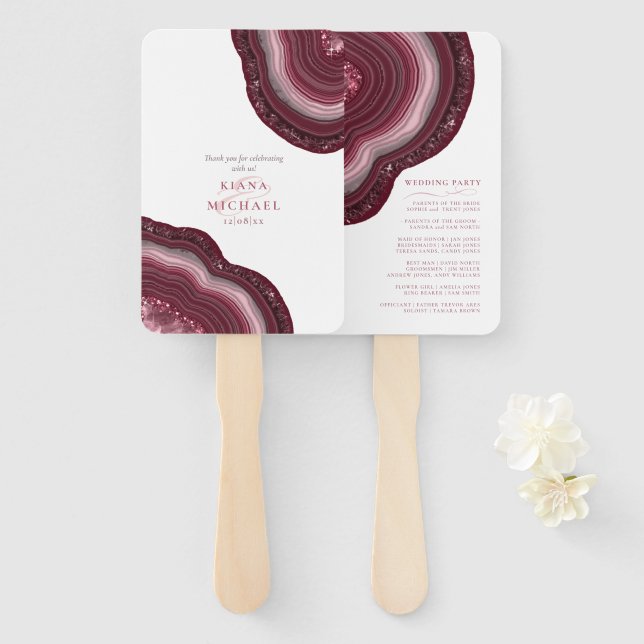Agate Geode Glitter Wedding Party Burgundy ID647 Hand Fan (Front and Back)
