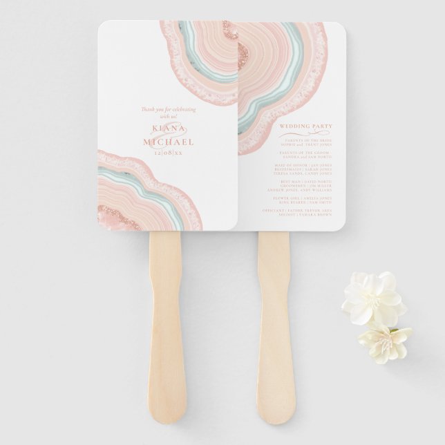 Agate Geode Glitter Wedding Party Rose Gold ID647 Hand Fan (Front and Back)