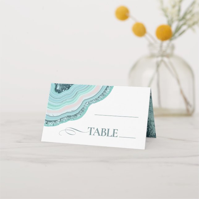 Agate Geode Glitter Wedding Table Teal ID647 Place Card (Front)
