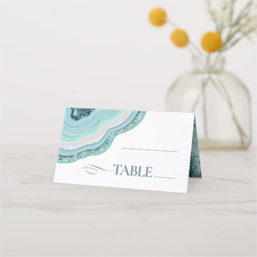 Agate Geode Glitter Wedding Table Teal ID647 Place Card
