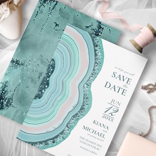 Agate Geode Glitter Wedding Teal ID647 Save The Date