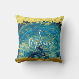 Agate Geode Gold Blue Monogram Initial Glittery Throw Pillow