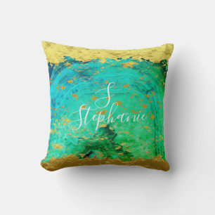 Agate Geode Gold Green Blue Monogram Glittery Throw Pillow
