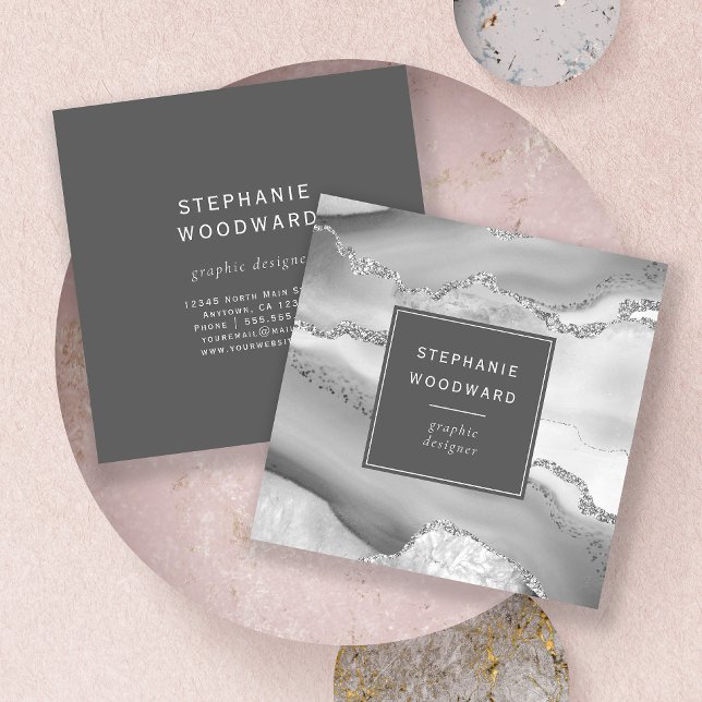 Agate Geode Gray White Silver Faux Glitter Square Business Card (Creator Uploaded)