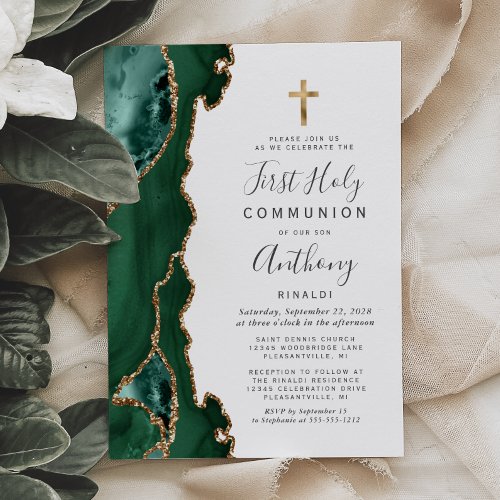 Agate Geode Green Gold First Holy Communion Invitation