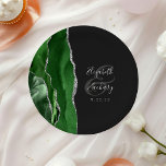 Agate Geode Hunter Green Silver Dark Wedding Paper Plates<br><div class="desc">These elegant modern wedding plates feature a green watercolor design trimmed with faux silver glitter. Easily customize the silver gray text on an off-black background,  with the names of the bride and groom in handwriting calligraphy over a large ampersand.</div>