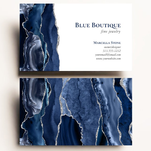 Agate Geode Jewelry Designer Navy Blue Silver Business Card (Creator Uploaded)
