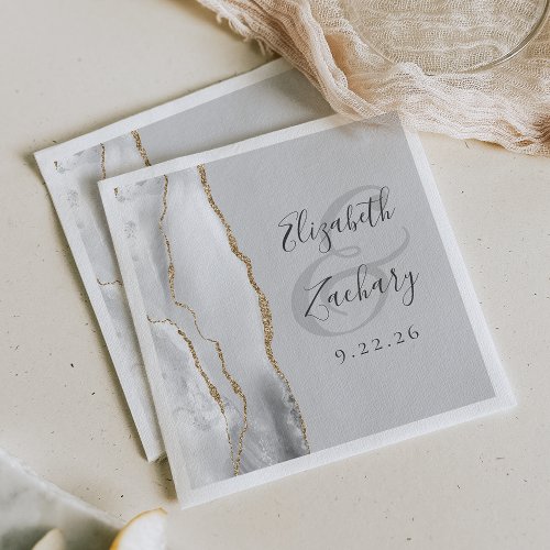 Agate Geode Light Gray White Gold Script Wedding Napkins