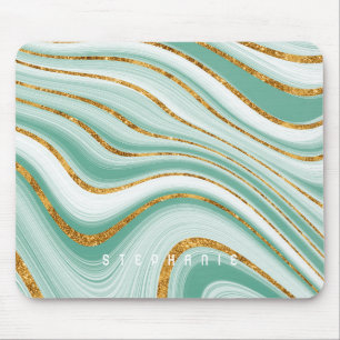 Agate Geode Mint Green Gold Faux Glitter Monogram Mouse Pad