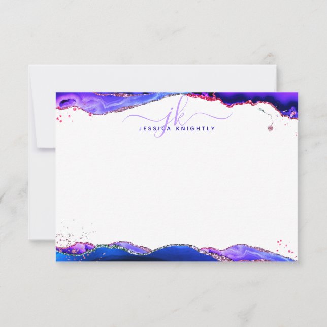 Agate Geode Mystical Purple Pink Blue Monogram Note Card (Front)