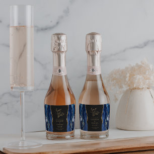 Agate Geode Navy Blue Gold Dark Save the Date Sparkling Wine Label