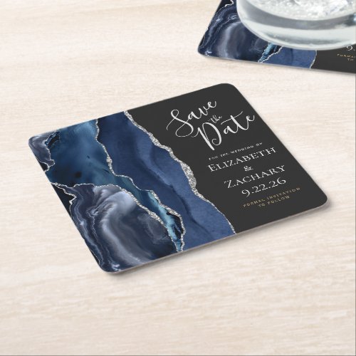 Agate Geode Navy Blue Silver Save the Date Square Paper Coaster