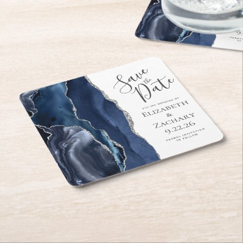 Agate Geode Navy Blue Silver Save the Date Square Paper Coaster
