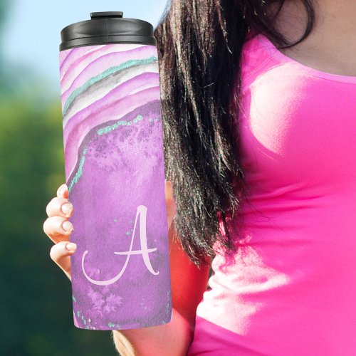 Agate Geode Pink and Purple Monogrammed Thermal Tumbler