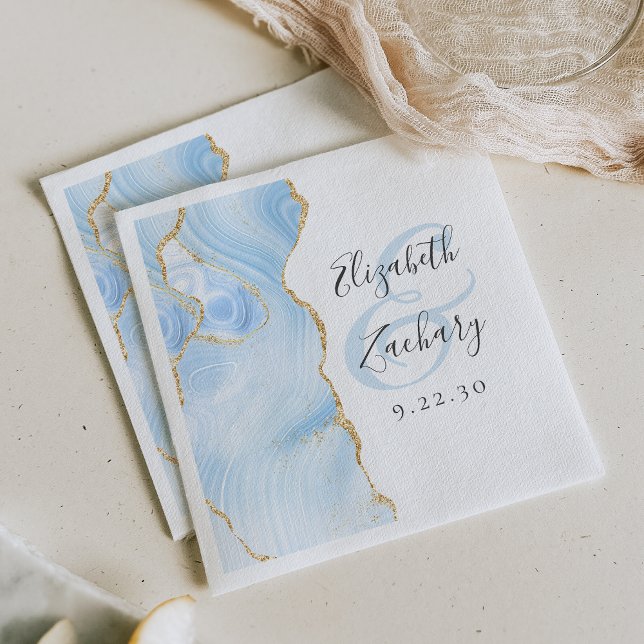 Agate Geode Script Baby Blue Gold Wedding Napkins (Creator Uploaded)