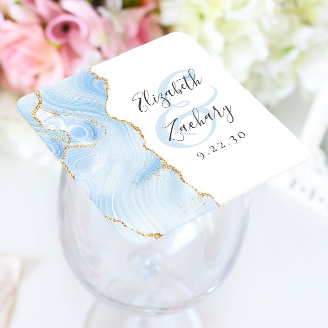 Agate Geode Script Baby Blue Gold Wedding Square Paper Coaster (Creator Uploaded)