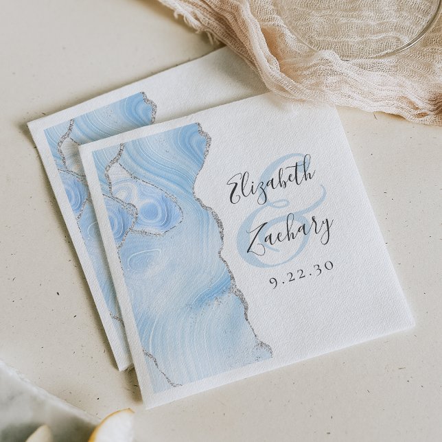Agate Geode Script Baby Blue Silver Wedding Napkins (Creator Uploaded)