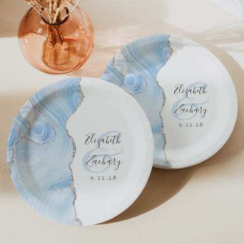Agate Geode Script Baby Blue Silver Wedding Paper Plates