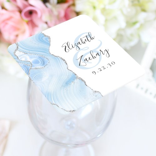 Agate Geode Script Baby Blue Silver Wedding Square Paper Coaster