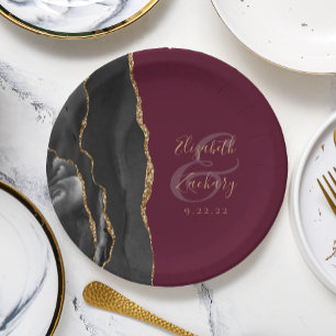 Agate Geode Script Black Gold Burgundy Paper Plates