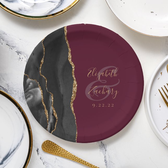 Agate Geode Script Black Gold Burgundy Paper Plates (Creator Uploaded)