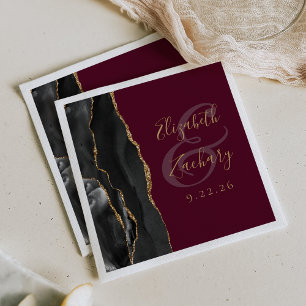 Agate Geode Script Black Gold Burgundy Wedding Napkins