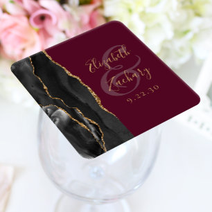 Agate Geode Script Black Gold Burgundy Wedding Square Paper Coaster