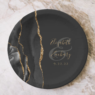 Agate Geode Script Black Gold Dark Paper Plates