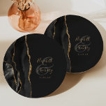 Agate Geode Script Black Gold Dark Paper Plates<br><div class="desc">These elegant modern wedding plates feature a black watercolor design trimmed with faux gold glitter. Easily customize the gold colored text on an off-black background,  with the names of the bride and groom in handwriting calligraphy over a large gray ampersand.</div>