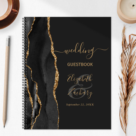 Agate Geode Script Black Gold Dark Wedding Guest Notebook