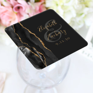 Agate Geode Script Black Gold Dark Wedding Square Paper Coaster