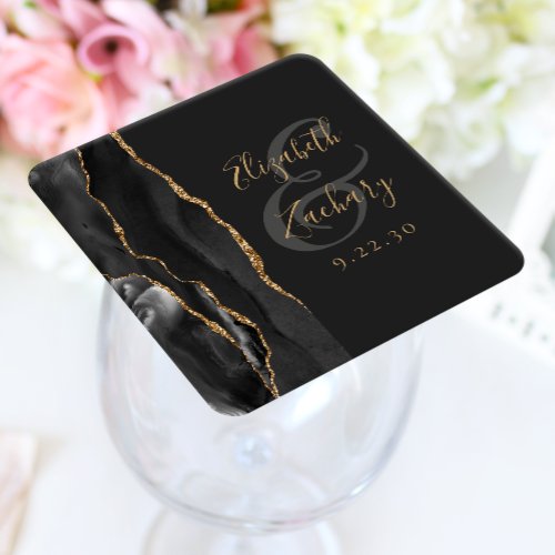 Agate Geode Script Black Gold Dark Wedding Square Paper Coaster