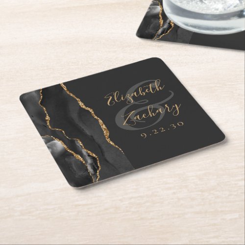 Agate Geode Script Black Gold Dark Wedding Square Paper Coaster
