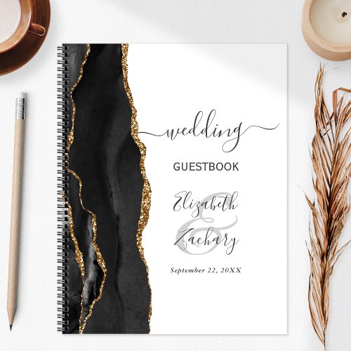 Agate Geode Script Black Gold Wedding Guest Notebook