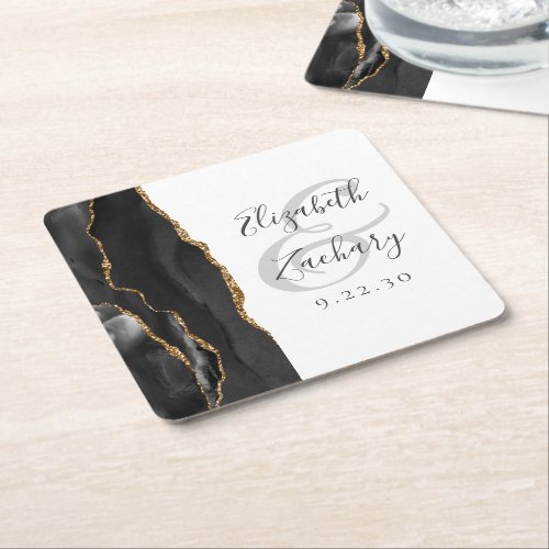 Agate Geode Script Black Gold Wedding Square Paper Coaster