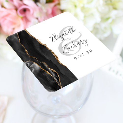 Agate Geode Script Black Gold Wedding Square Paper Coaster